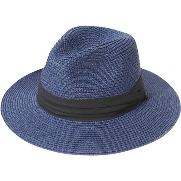 Women Wide Brim Straw Panama Roll Up Hat Blue